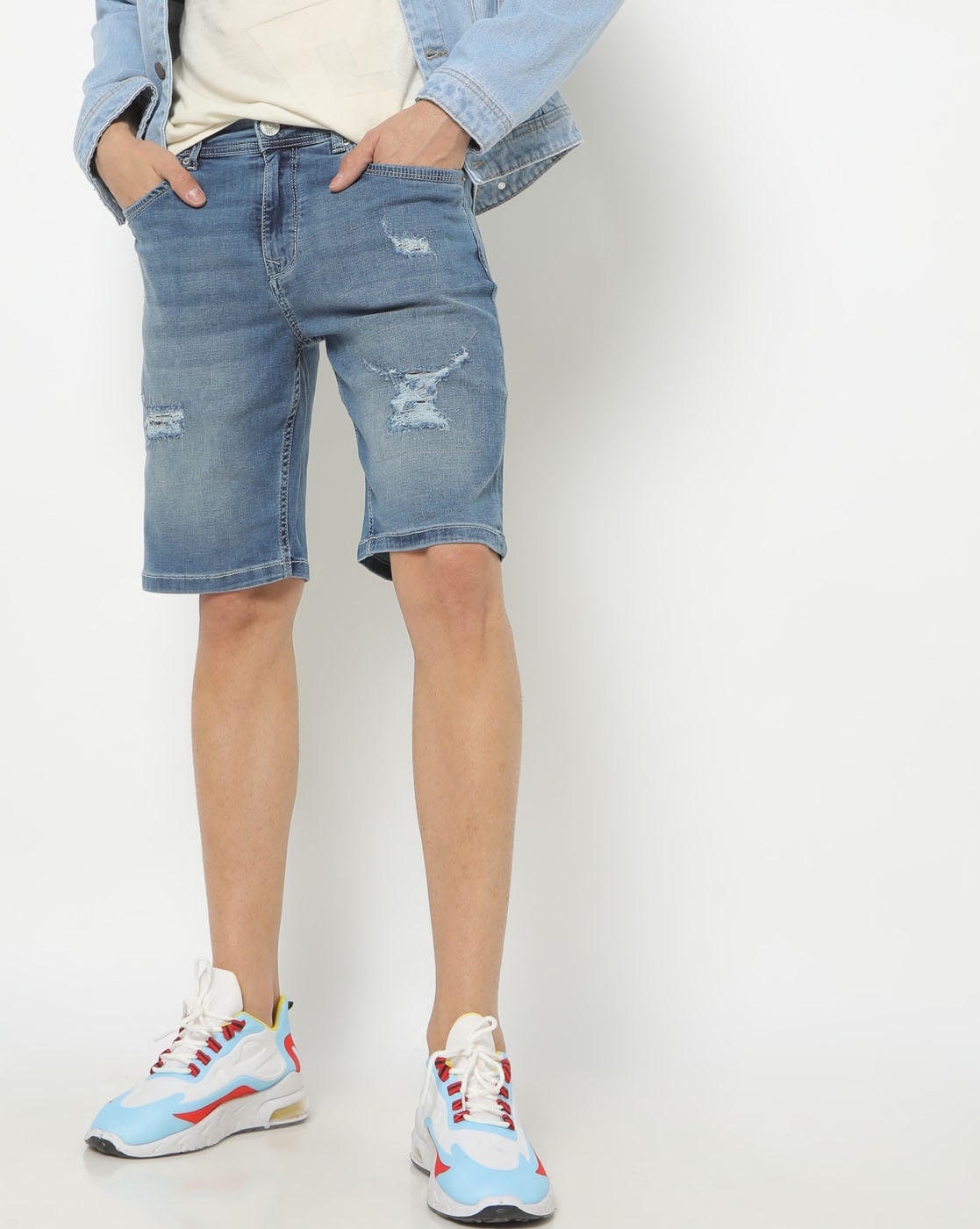 Buy Blue Low Rise Distressed Denim Shorts for Men Online