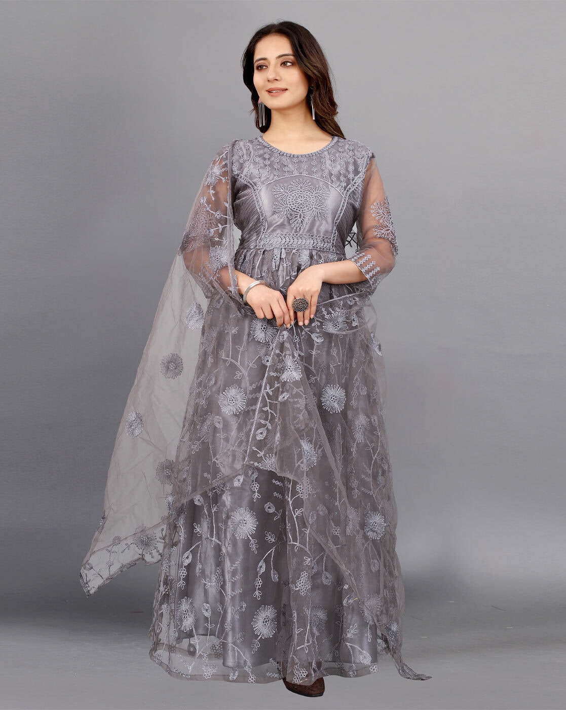 Embroidered Ladies Designer Net Gown, Grey at Rs 1095 in Ahmedabad | ID:  23137605912