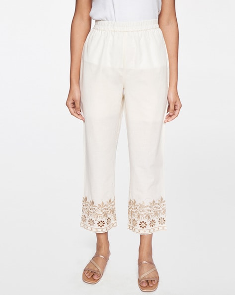 Straight Pants with Schiffli Embroidered Ankle Hems Price in India
