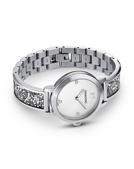 Crystal Rock Oval watch, Swiss Made, Metal bracelet, Gray, Rose gold-tone  finish