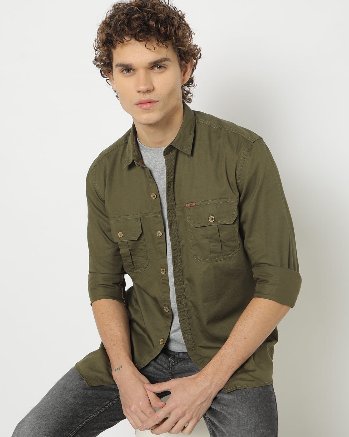 Shirt Style Collar Green Denim Jean Jacket for Mens