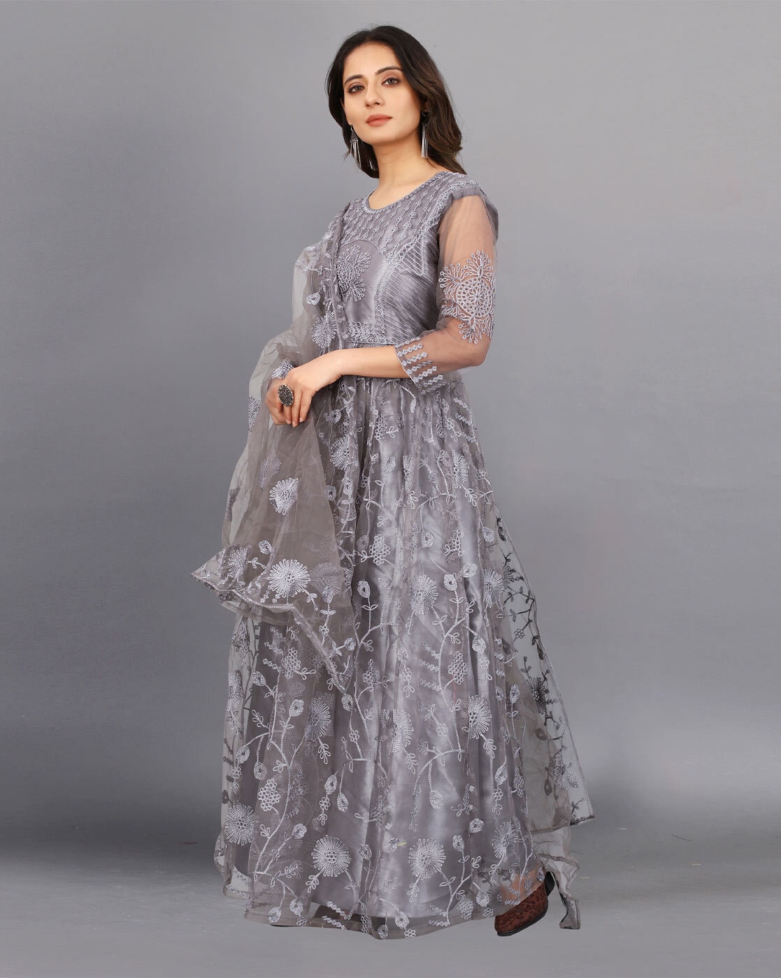 Silver grey fish cut satin net gown only on Kalki