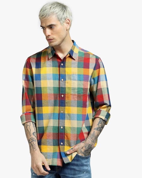 Checked Shirt with Spread Collar