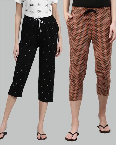 Buy Women Black  Blue Printed ThreeFourth Regular Trousers online   Looksgudin