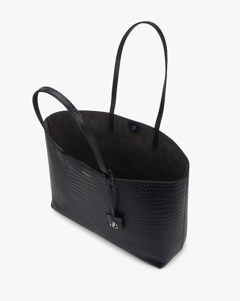 Black Croc Embossed Leather Tote Handbag with JC Emblem