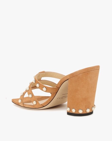 Buy Jimmy choo Hazal 85 Suede Caged Mules with Pearl Studs Tan