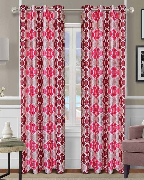 Beige Pink Curtains Accessories, Red And White Geometric Pattern Curtains