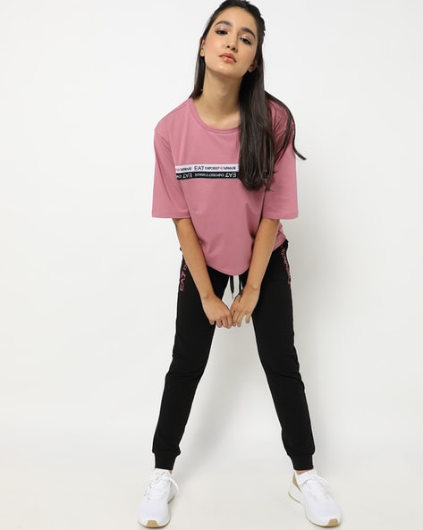 EA7 Emporio Armani Girls Shiny Logo Crop Sweat Top And Leggings Set -  Pink/black | very.co.uk