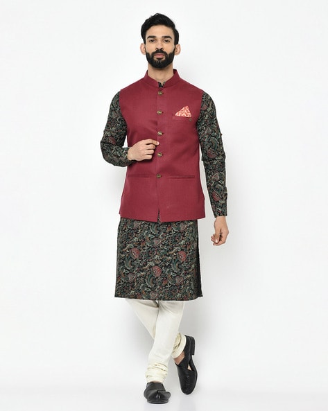 Buy Printed Banarasi Silk Kurta Payjama With Jacket in Maroon and Off White  : 217917 -