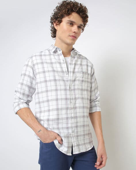 grey and white check shirt