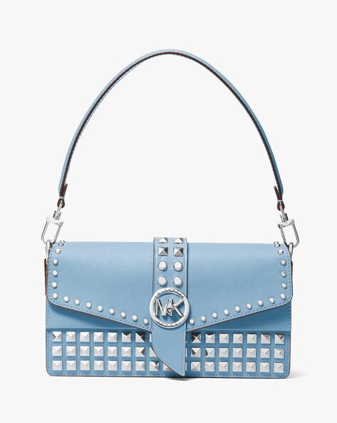 Michael Kors Ladies Greenwich Medium Saffiano Leather Shoulder Bag - Pale  Blue: Handbags