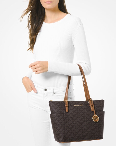 Buy Michael Kors Jet Set Large Logo Top-Zip Tote Bag, Brown Color Women