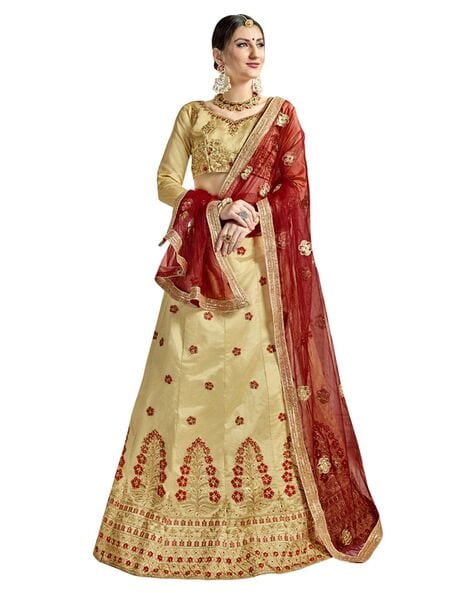 Beige & Maroon Gota With Thread And Sequins Embroidered