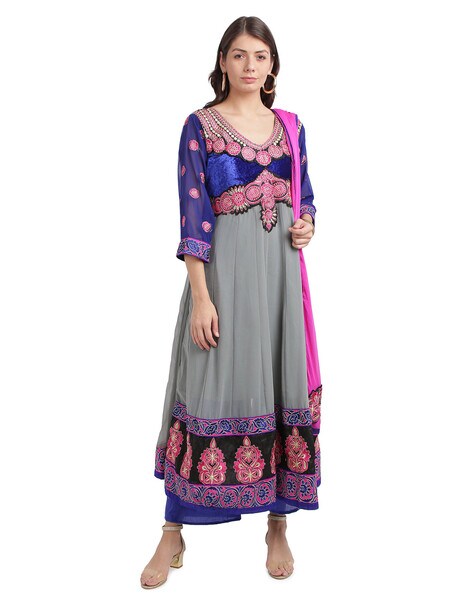 Embroidered Semi-stitched Dress Material Price in India