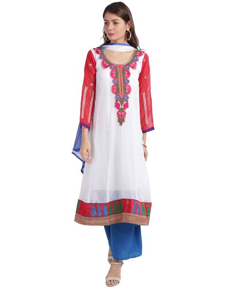 Embellished Semi-Stitched Anarkali Dress Material Price in India