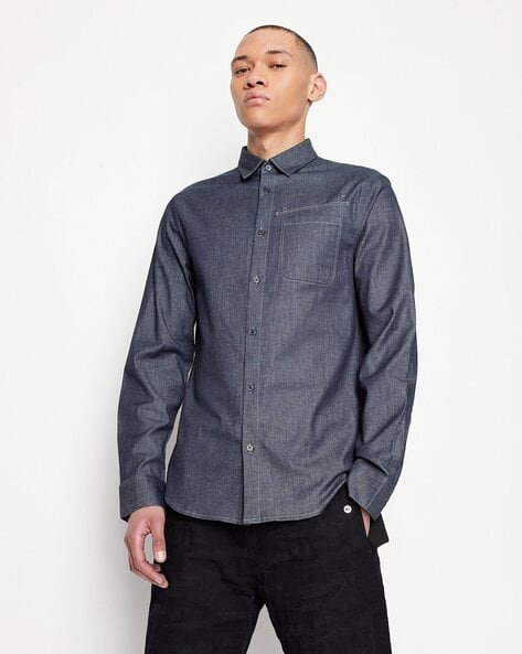 Washed Denim Slim Shirt with Patch Pocket