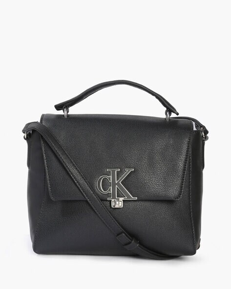 CALVIN KLEIN Black Pebbled Leather Flap Shoulder Handbag Purse Satchel Bag  | eBay