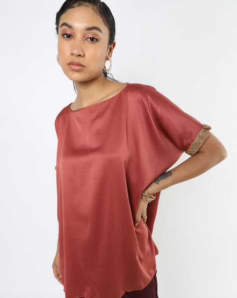 Encrustd Boat-Neck Satin Loose Fit Top