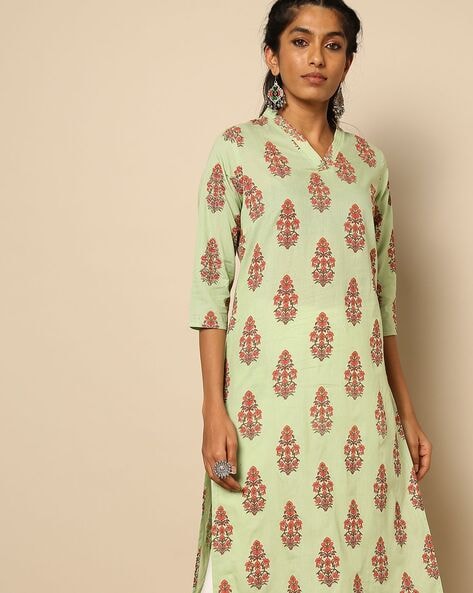 Best green cotton printed kurta designs for women