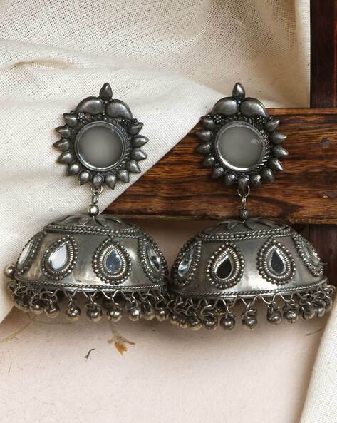 Oxidised Mirror Jhumka Earrings | Fusion Vogue