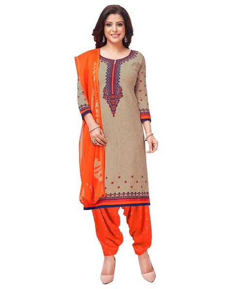 Buy Online Cotton Embroidered Churidar Salwar Kameez in Beige