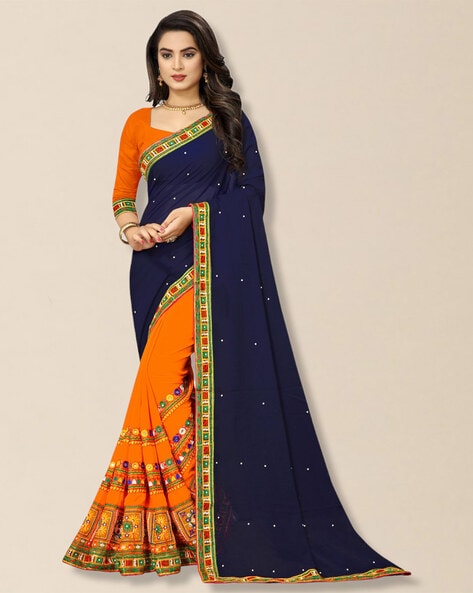 Izhaiyini-Peach and Navy Blue Organza Halfsaree – Ivalinmabia