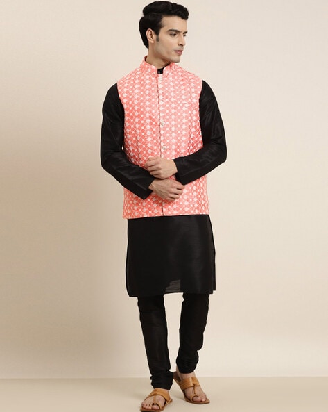 Wedding Collection Online Men's Kurta Pajama in Black With Woven Nehru  Jacket MKPA03520