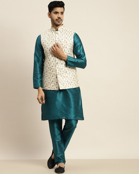 KISAH Green Regular Fit Floral Print Kurta & Churidar With Nehru Jacket