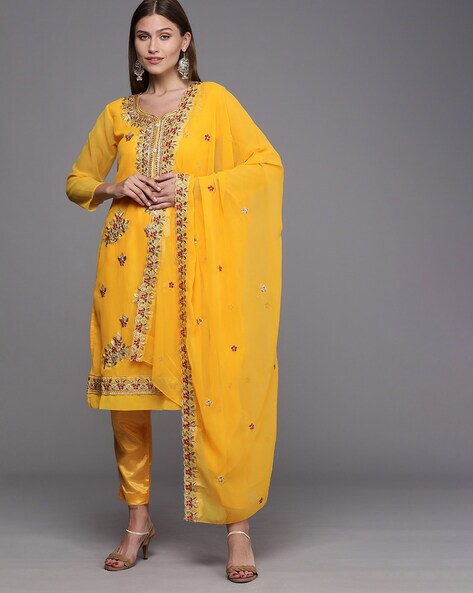 Floral Embroidered Unstitched Dress Material with Dupatta Price in India