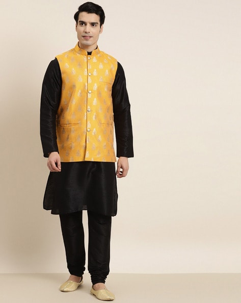Yellow reversible nehru jacket and kurta set by Charkhee | The Secret Label