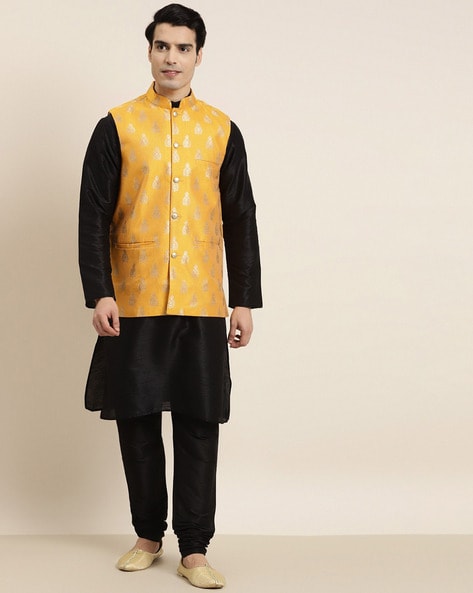 Hand Embroidered Art Silk Nehru Jacket in Mustard : MLC2496