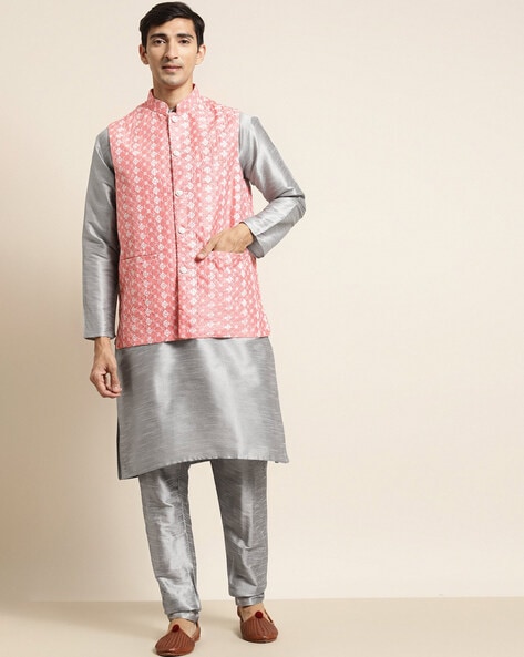 Buy SOJANYA Mens Silk Blend Grey Kurta Pyjama & Beige Printed Nehru Jacket  (Set of 3) online