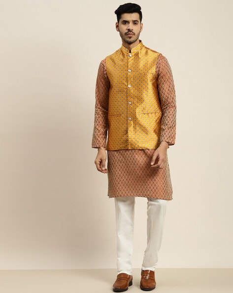 Party Wear Orange color Silk fabric Nehru Jacket : 1912980