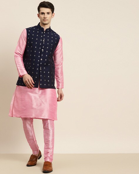 Men Pink & Blue Kurta with Churidar & Printed Nehru Jacket - KRAFT INDIA -  3738514