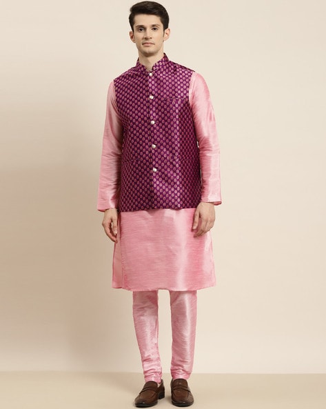 Pink Color Provocative Kurta Pyjama With Nehru Jacket Jacket In Cotton  Fabric