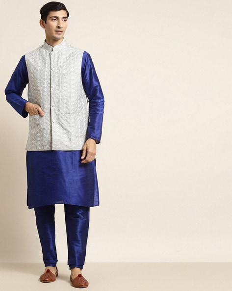 Buy Off white Thread Embroidery Jacket and Blue Kurta Dhoti for Boys Online