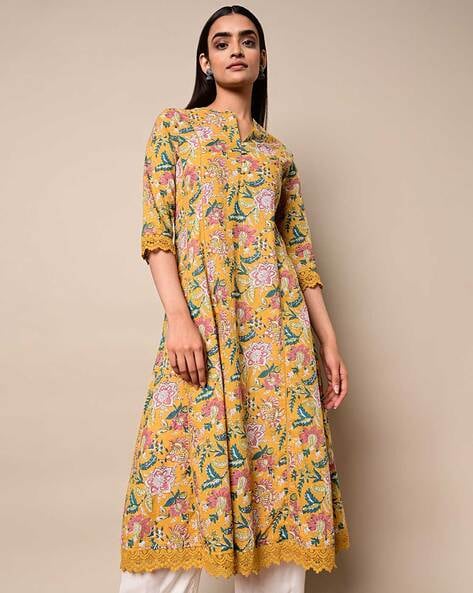 Blue Floral Printed Kurta with lace details and pocket  Periwinkle Fashion