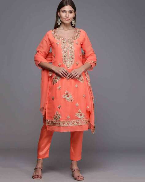 Silk Peach Dress Material With Floral Work Dupatta