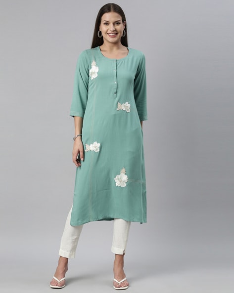 Buy Neerus Green Cotton Embellished Straight Kurta for Women Online @ Tata  CLiQ