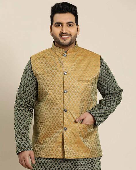 NAMASKAR Boys Gold Floral Woven Design Nehru Jacket - Absolutely Desi