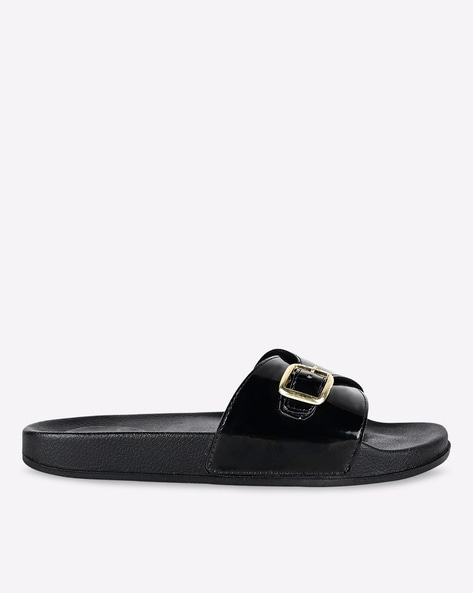 Black slides discount with gold buckle