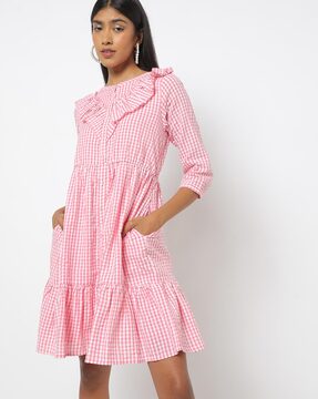 red and white checked dress