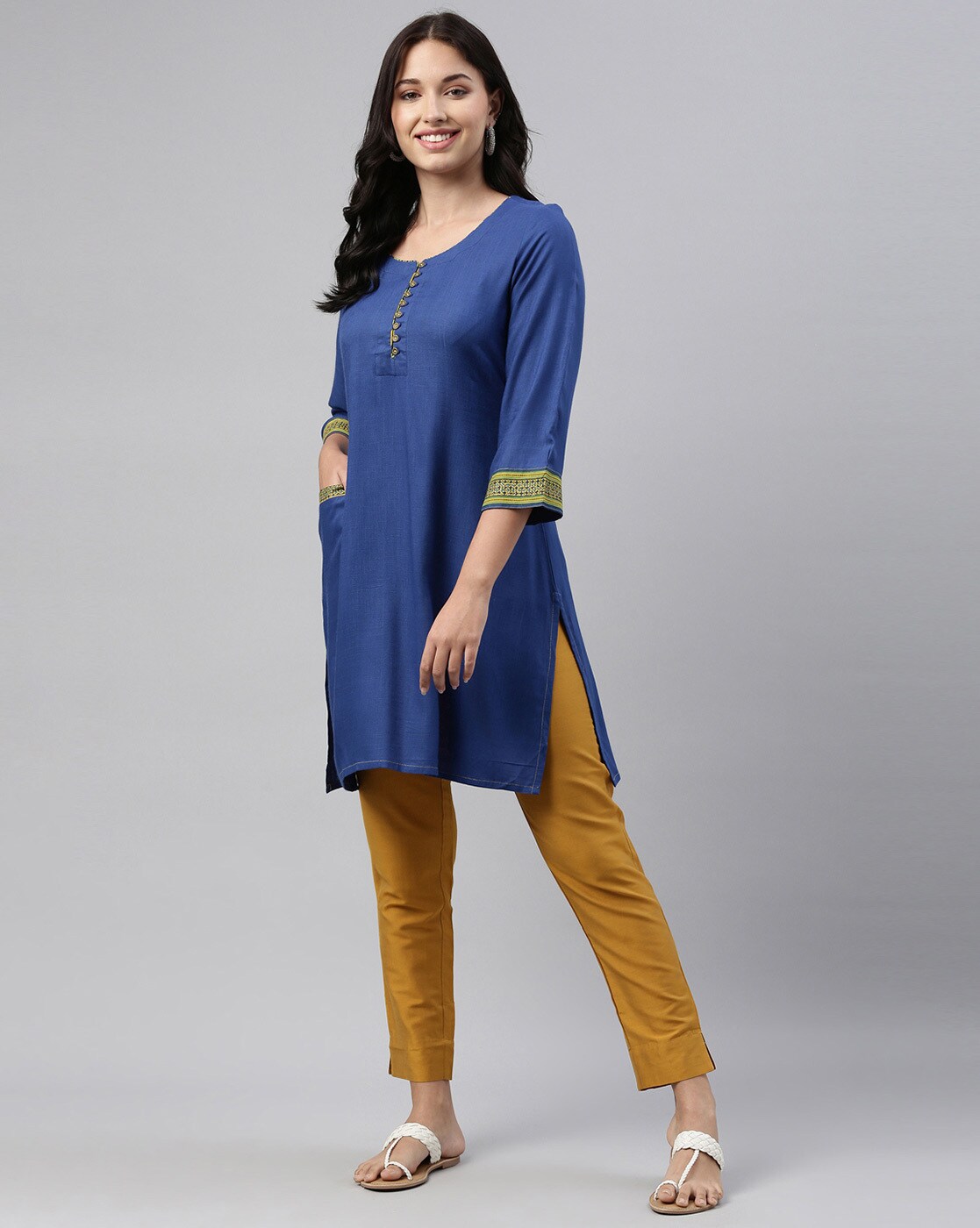 Buy NEERUS Womens Beige & Navy Blue Printed Kurta with Trousers | Shoppers  Stop