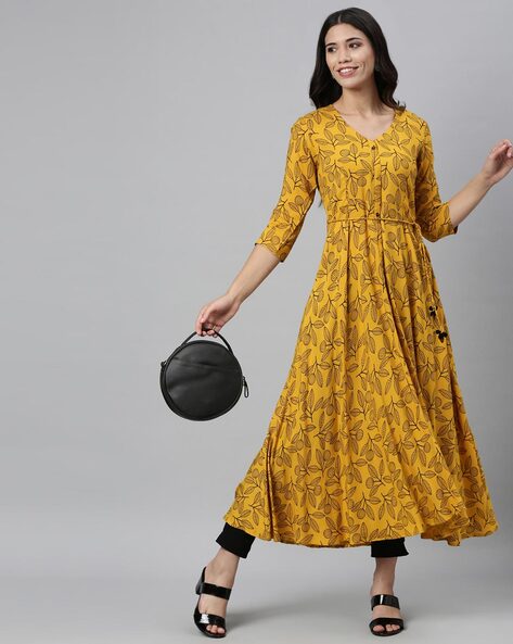 Plus Size Yellow Printed Indian Anarkali Kurta Printed Kurti Designer Y2 |  eBay