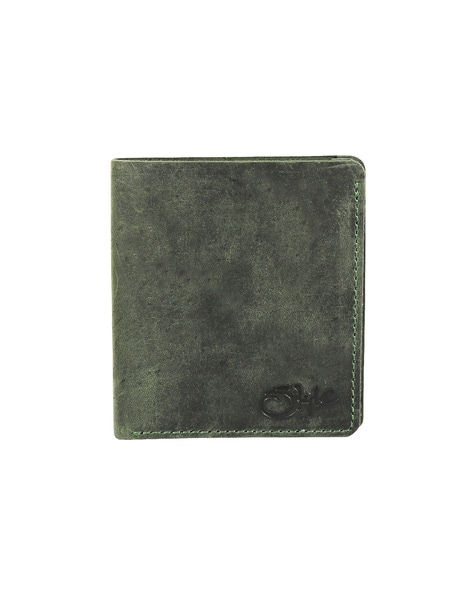 Green saffiano leather bi-fold wallet with studs