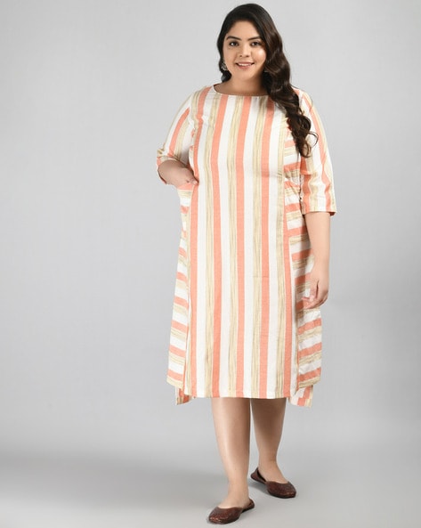 Women Plus Size Peach Striped Dress