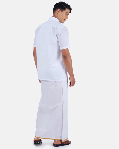 RAMRAJ COTTON Mens Solid Full sleeve Shirt Dhoti Set (M;White