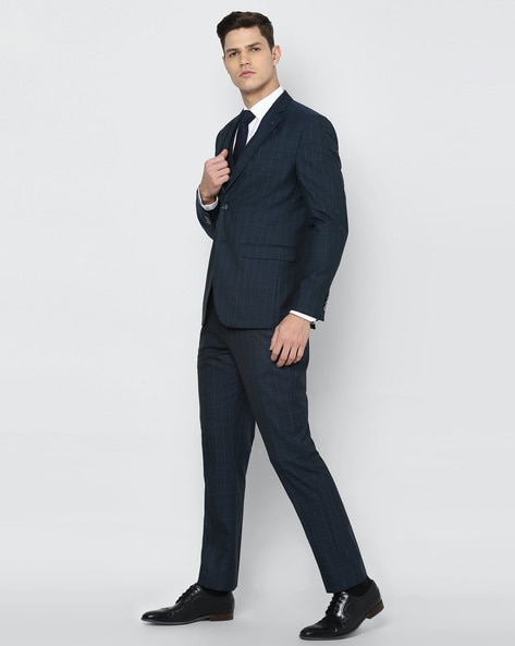 Louis Philippe Blue Slim Fit Checks Three Piece Suits