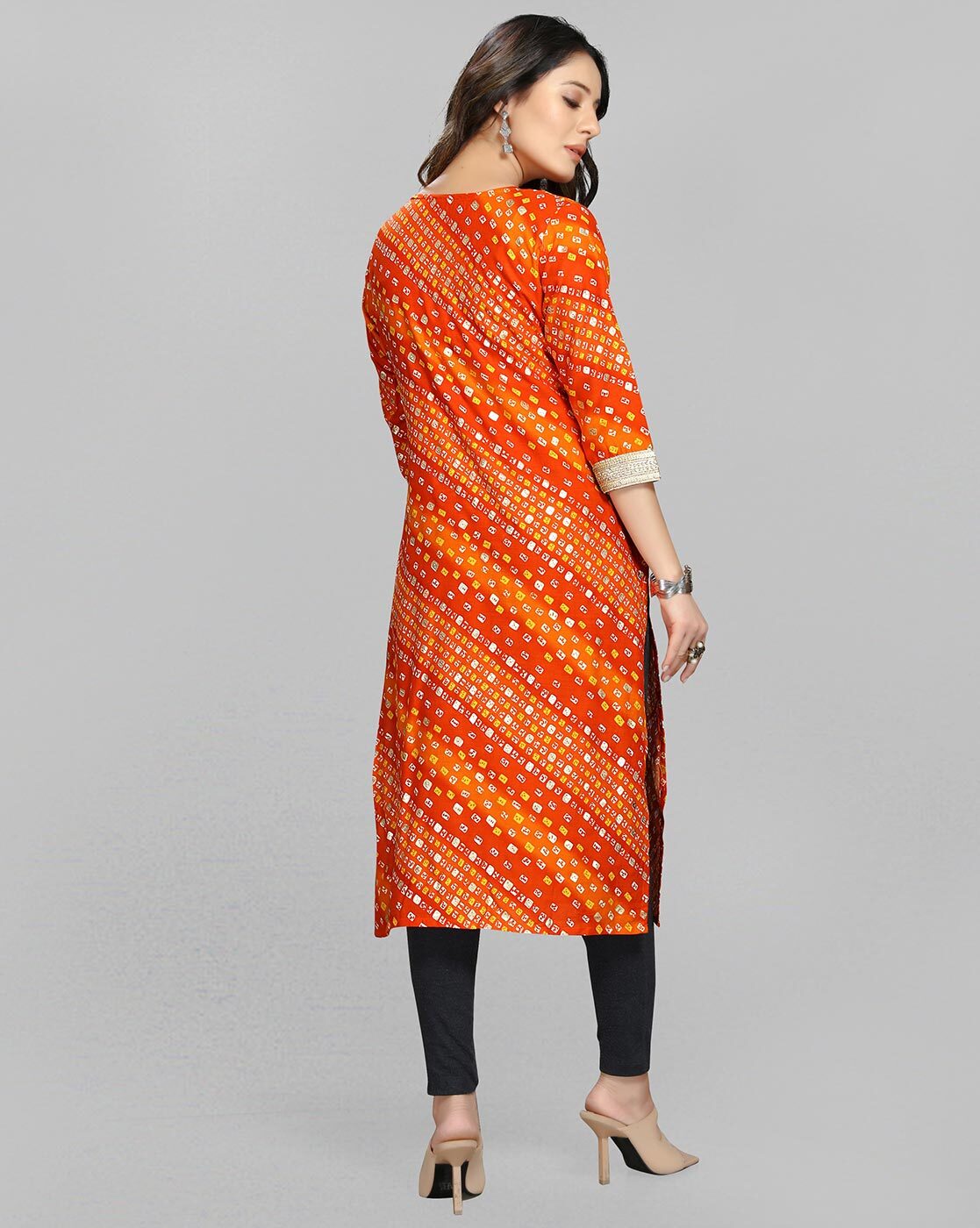 Leheriya Printed Cotton Straight Cut Kurti in Orange : TJW2016