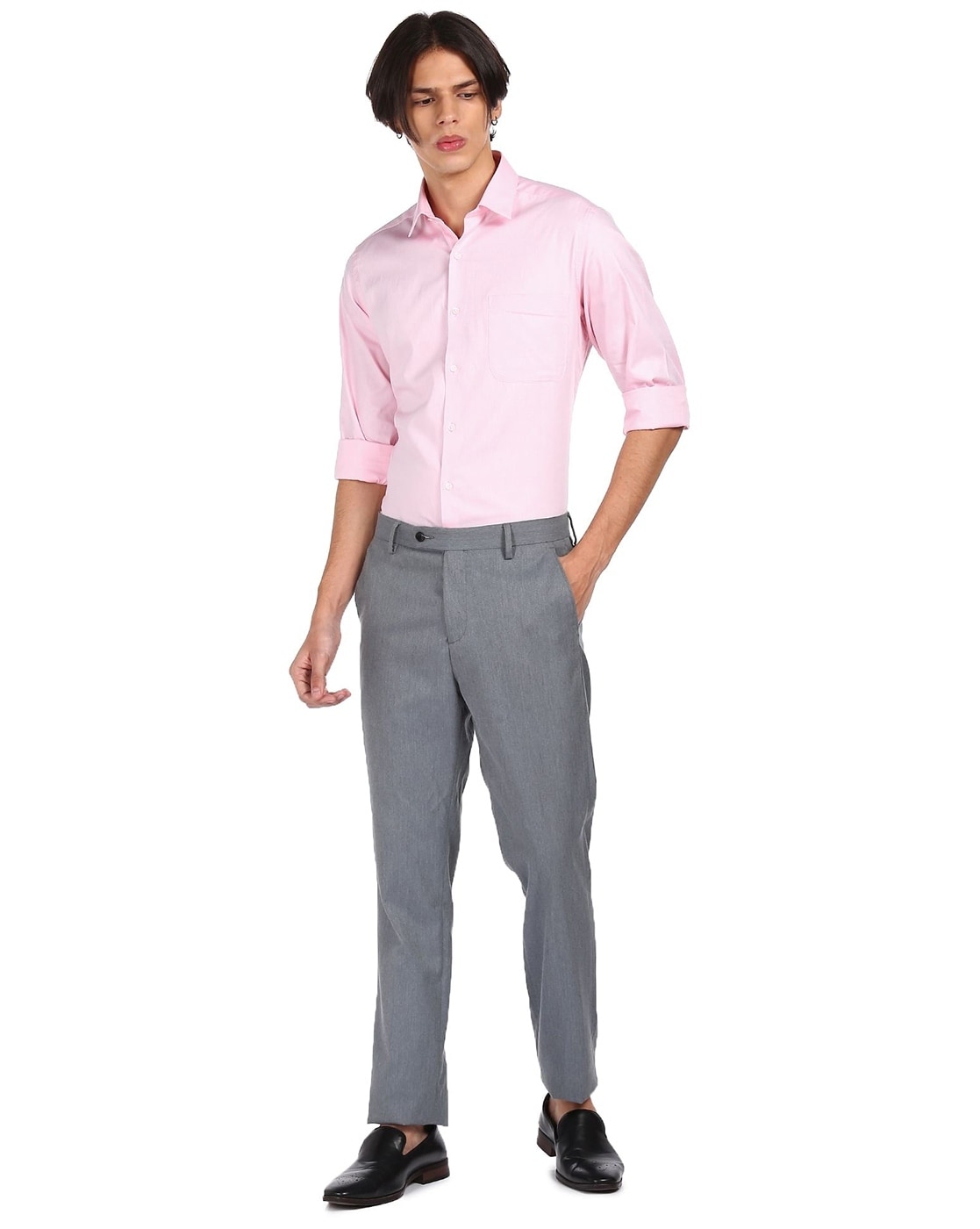 Pink shirts, gray pants, and brown accessories make for a good, bolder____  | Pink shirt men, Pink dress shirt, Mens outfits